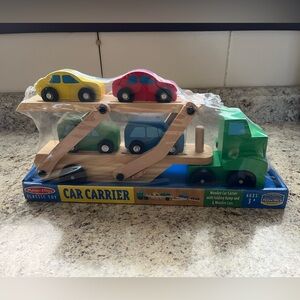Melissa & Doug Green Wooden Car Carrier with Yellow, Red, Blue, and Green Cars
